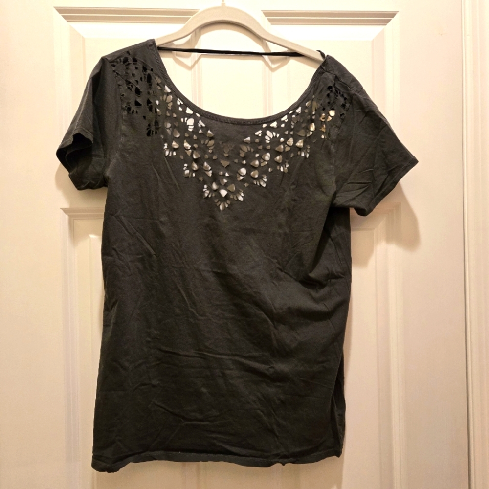 NWT Billabong Top M Black Open Back Knot Short Sleeve 100% Cotton Round Neck